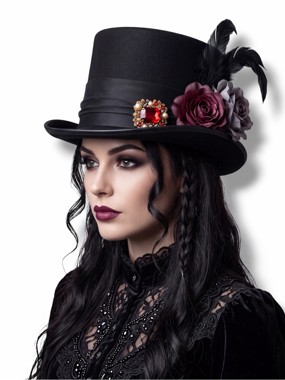 Black Victorian Top Hat Burgundy Flowers Gem Feathers Accent